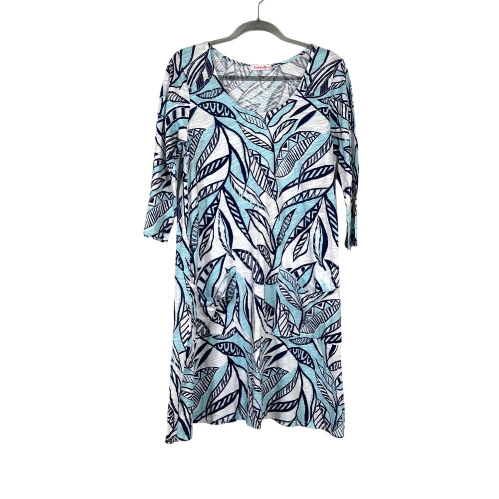 Fresh Produce Dalia Leaf Print Dress 3/4 Sleeves Pockets Cotton White Blue Small